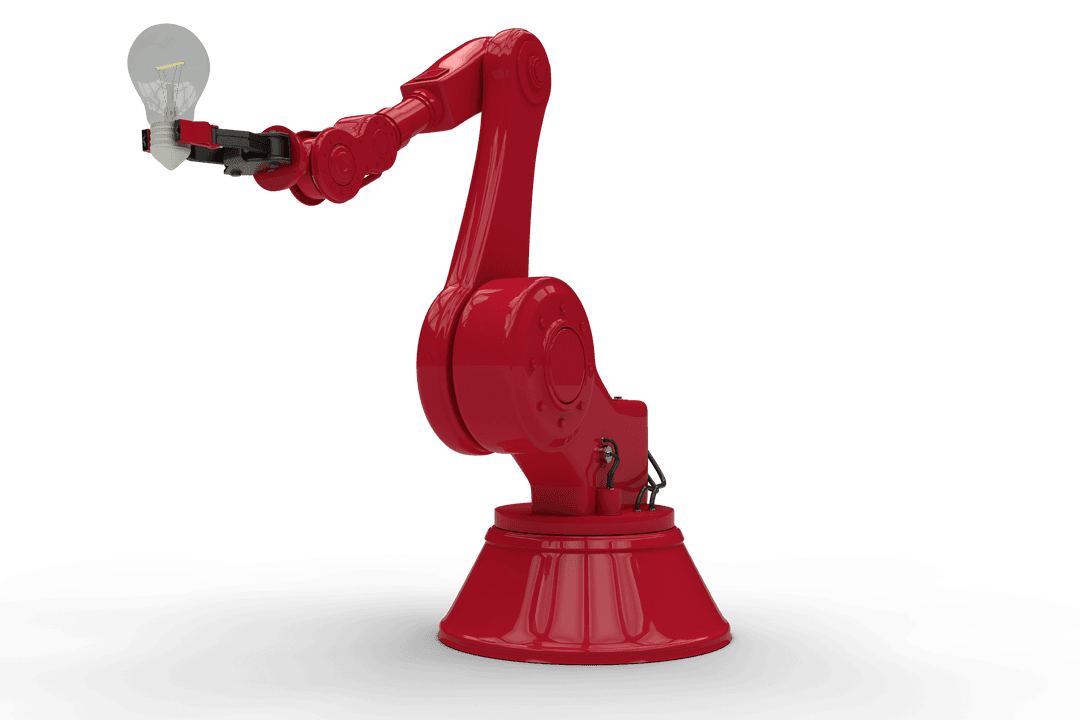 Transparent Red Robotic Arm Holding Light Bulb Symbolizing Innovation