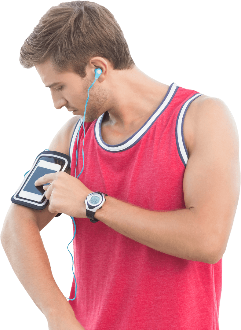 Caucasian Man Fitness Exercise With Smartphone On Transparent Background