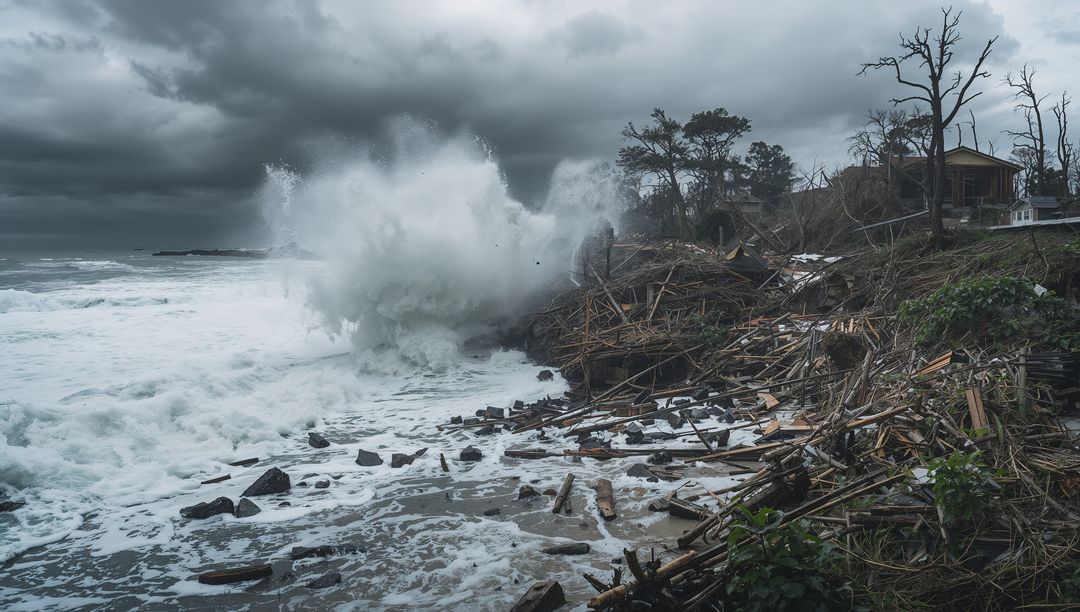 Raging Ocean Waves Crashing Against Rugged Shoreline with Driftwood