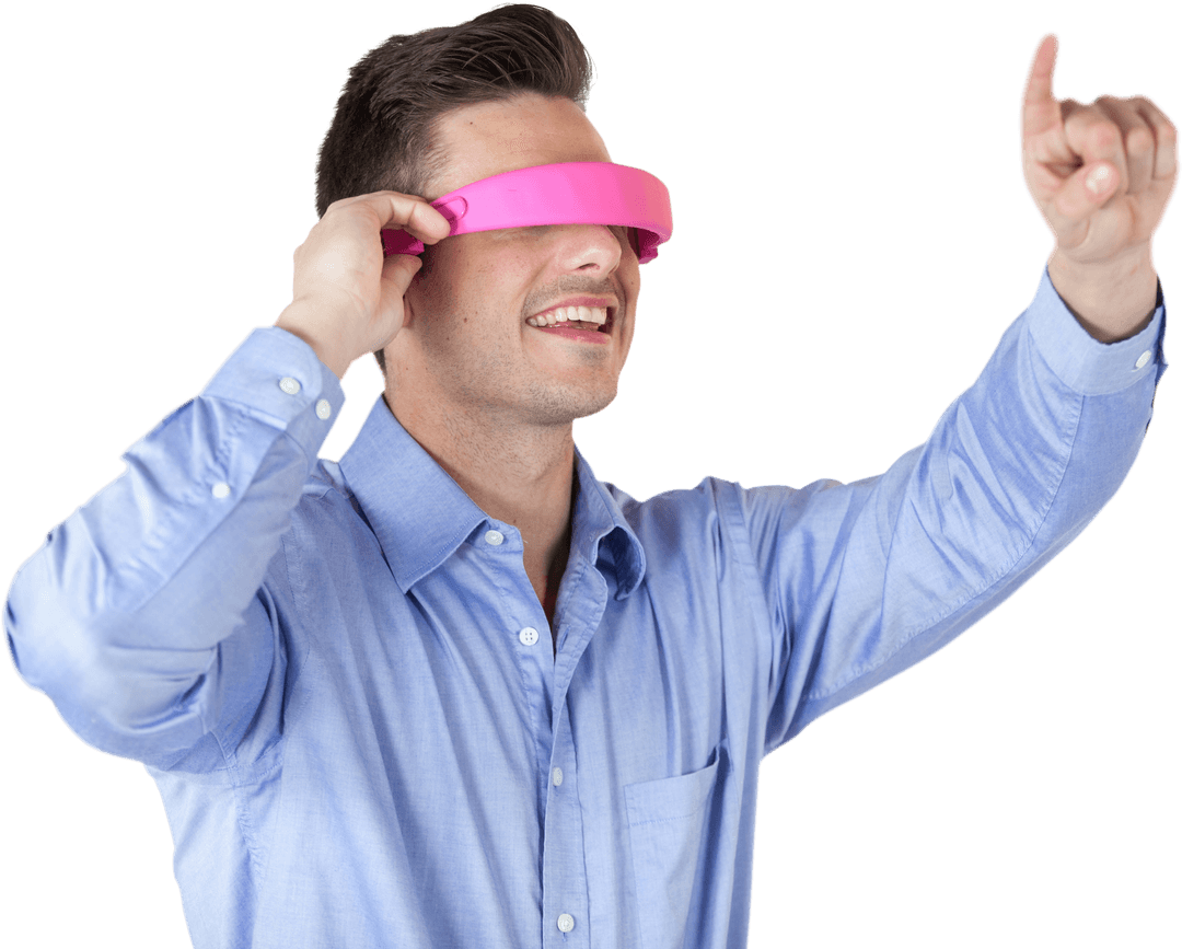 Happy Man in Transparent Virtual Reality Headset Pointing at Future