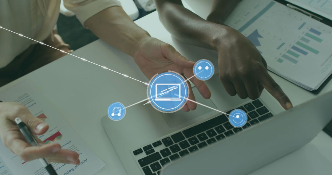 Connected Hands Sharing Digital Network Data on Laptop