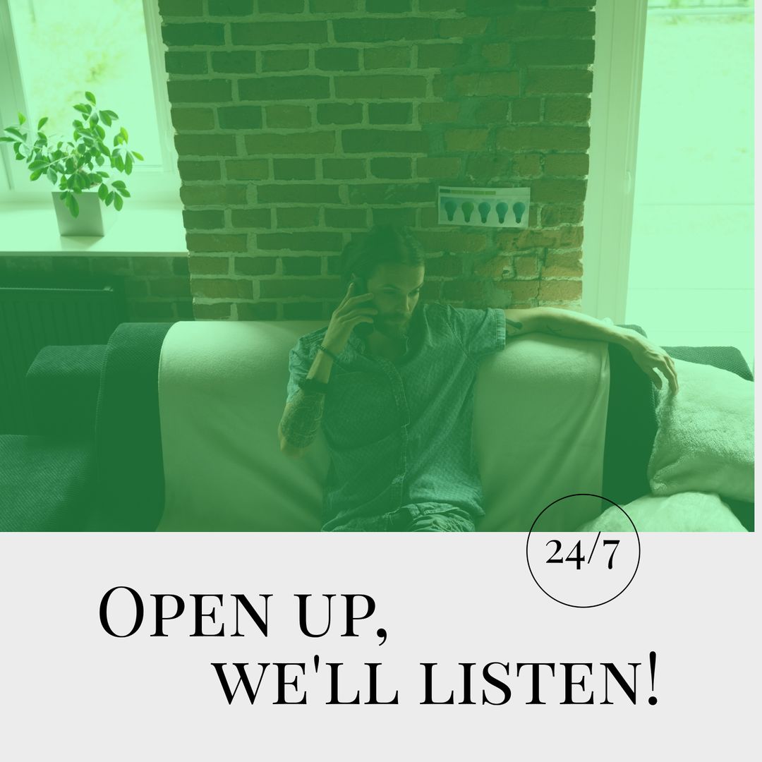 Caucasian Man Calling Emotional Support Hotline on Couch