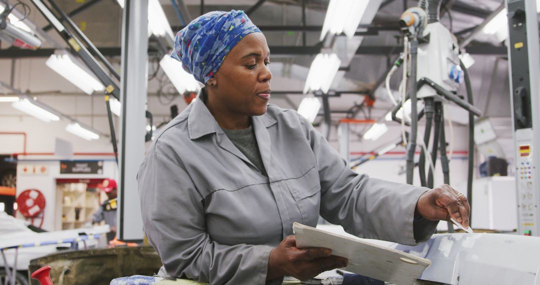 African American Female Worker Inspecting Parts in Automotive Factory - Free Images, Stock Photos and Pictures on Pikwizard.com