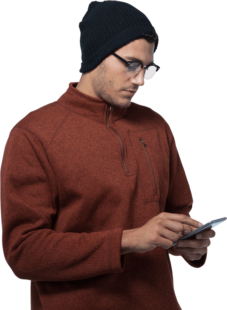 Young Man Wearing Beanie Using Phone Transparent Background