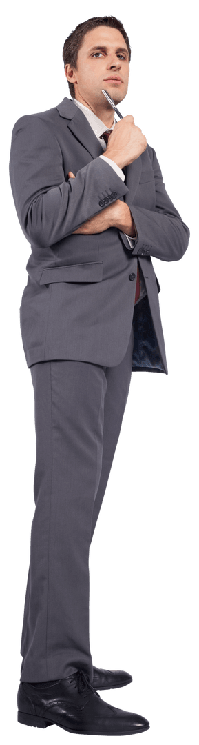 Transparent Businessman Holding Pen in Thoughtful Pose