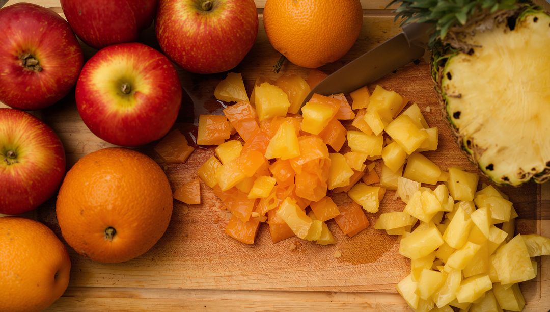Fresh Fruits with Diced Pineapple and Oranges on Wooden Cutting Board