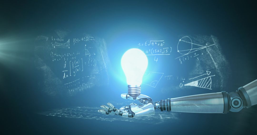 Futuristic Robotic Arm Holding Glowing Bulb with Floating Math Equations