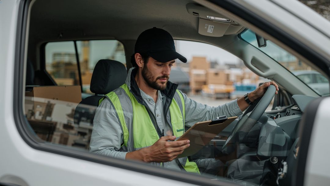 Delivery Driver Reviewing Checklist Inside Delivery Vehicle