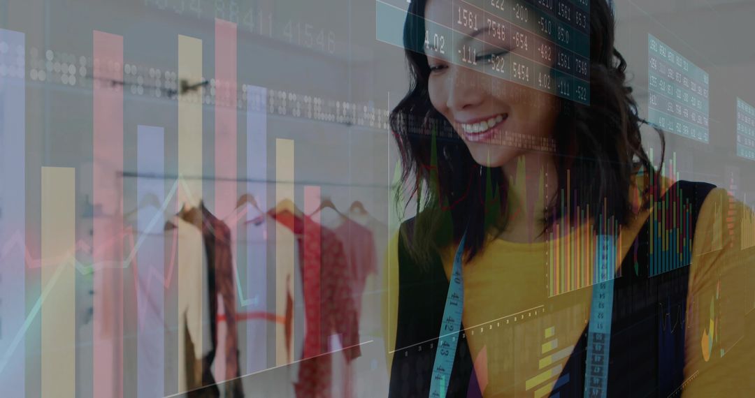 Asian Fashion Designer with Stock Chart Overlay in Studio