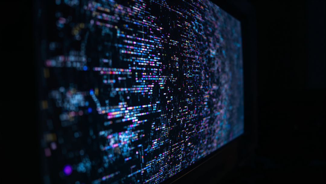 Glitching Multicolored Code Streaks on Wide Monitor