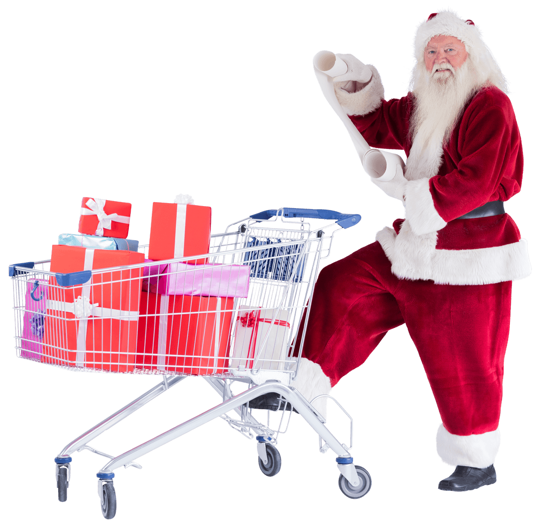 Santa Claus Shopping with Cart Full of Gifts on Transparent Background