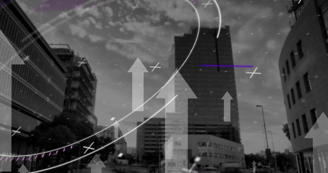 Futuristic Cityscape with Arrows and Data Processing Symbols