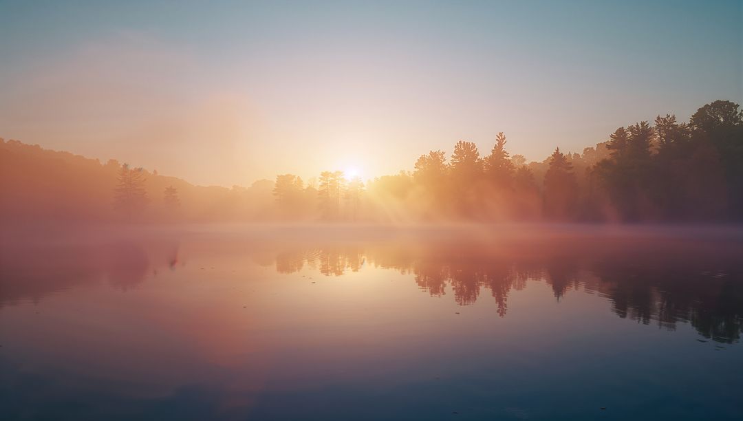 Serene Dawn with Mist Over Tranquil Lake and Forest Silhouettes