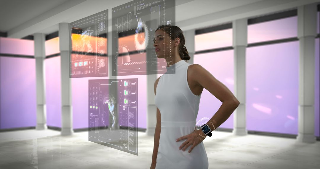 Futuristic Woman Interacting with Virtual Holographic Displays in Modern Office - Free Images, Stock Photos and Pictures on Pikwizard.com