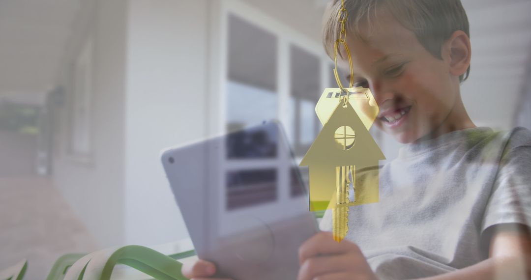 Smiling Boy Interacting with Tablet and Gold House Keychain