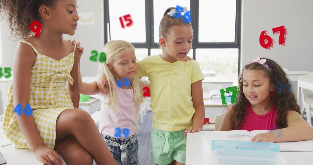 Diverse Schoolgirls Discussing in Modern Classroom