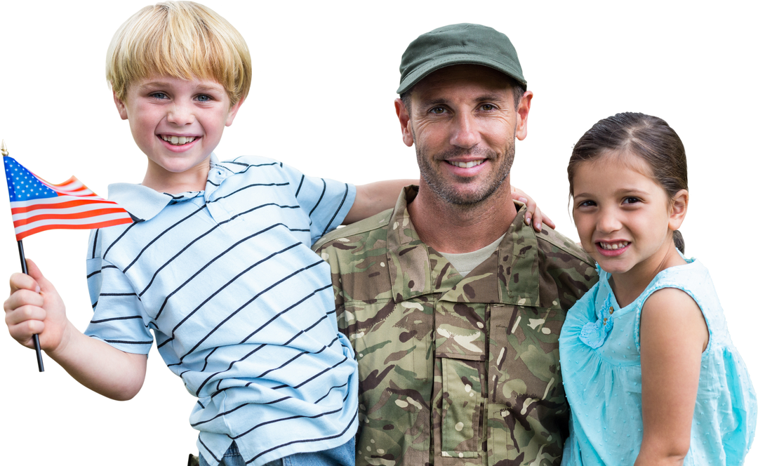 Happy Soldier with Kids Holding American Flag, Transparent Family - Download Free Stock Images Pikwizard.com