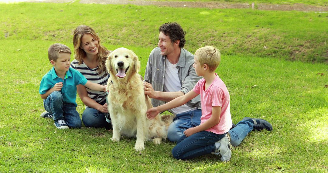 Happy Family with Dog Enjoying Time Outdoors on Sunny Day - Free Images, Stock Photos and Pictures on Pikwizard.com