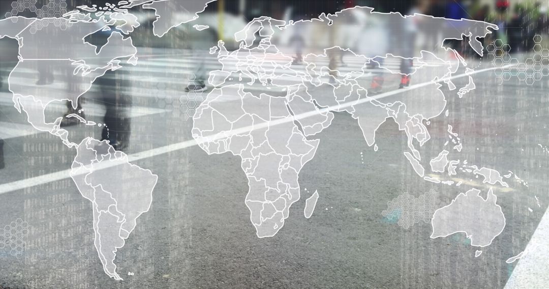 Global Connectivity Concept with Blurred Pedestrians and World Map Overlay