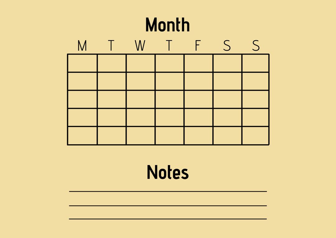 Blank Monthly Calendar with Notes Section for Planning