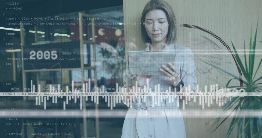 Businesswoman Analyzing Data on Tablet in Modern Office Lounge