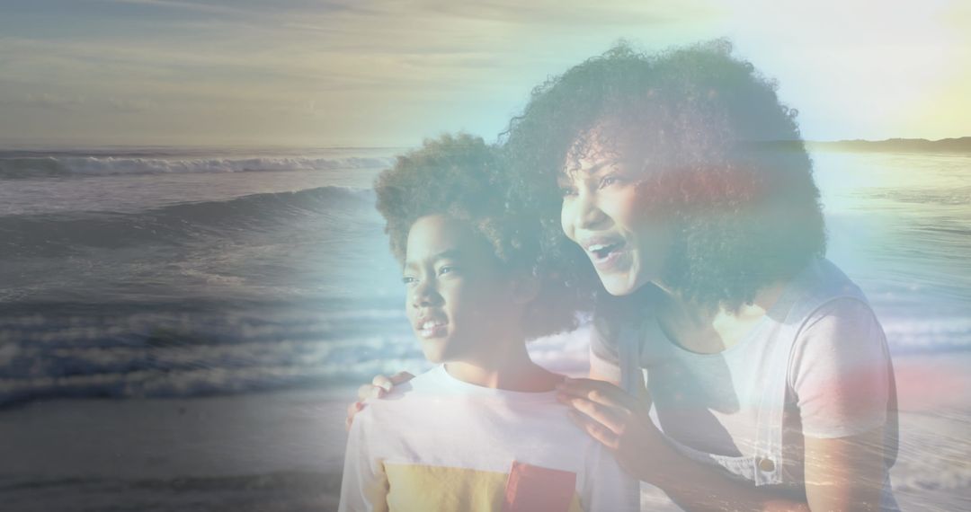 Joyful African American Mother and Son Enjoying Beach Day