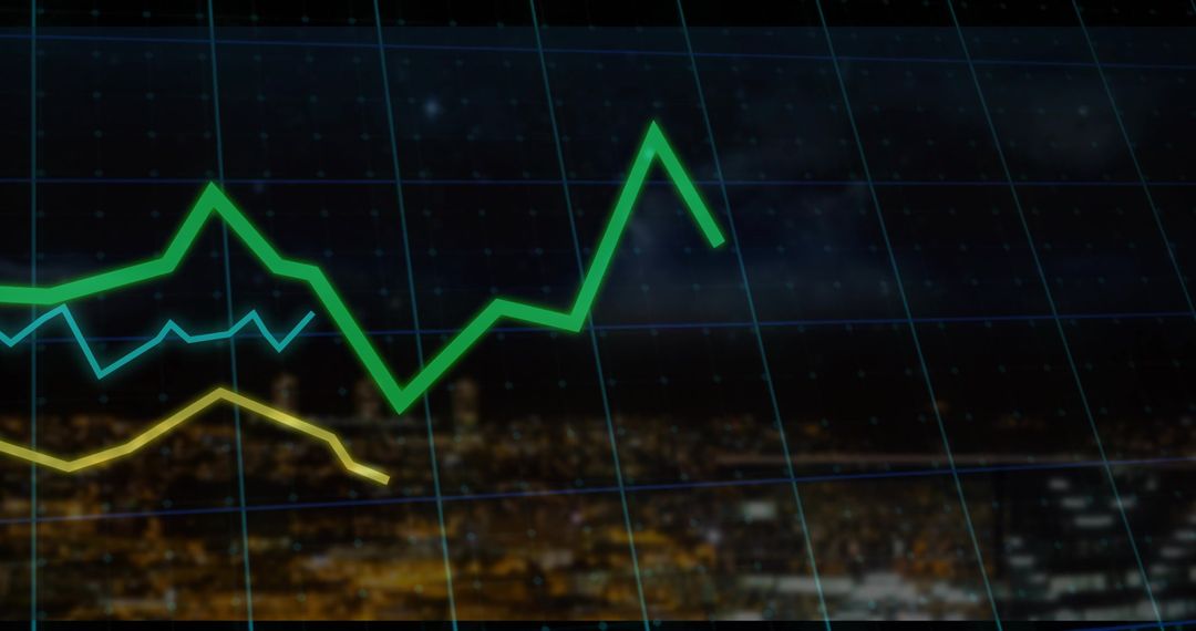 Dynamic Data Visualization with Neon Line Graphs Against Cityscape