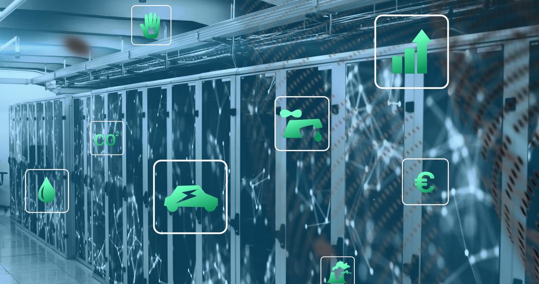 Green Technology Icons Overlay on Data Server Racks