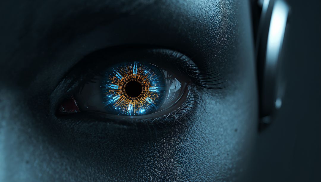 Close-up Cybernetic Eye with Glowing Blue-Orange Circuitry on Futuristic Humanoid