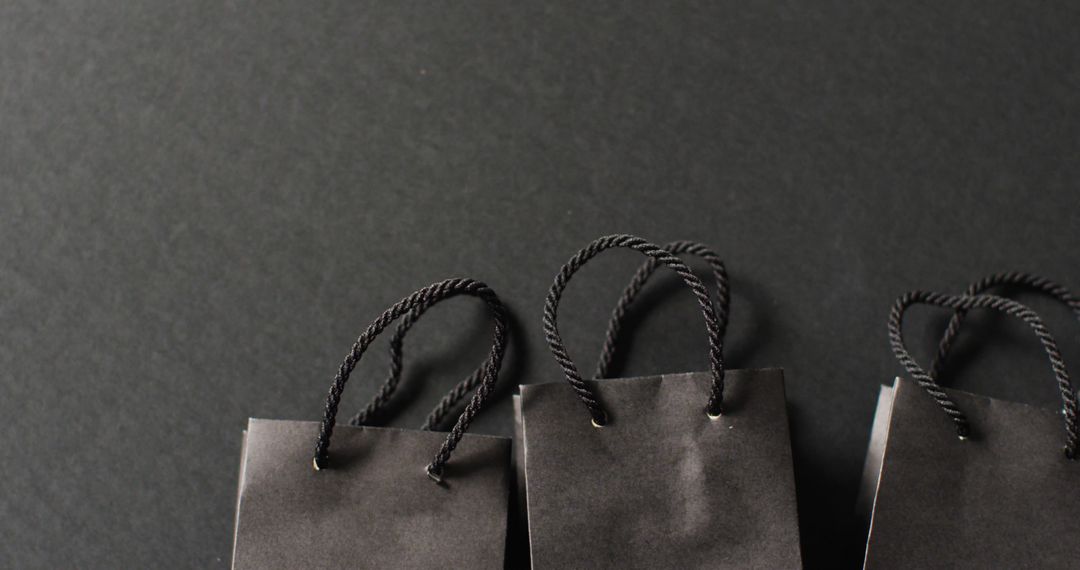 Three black gift bags with black handles in a row on dark grey background with copy space - Free Images, Stock Photos and Pictures on Pikwizard.com