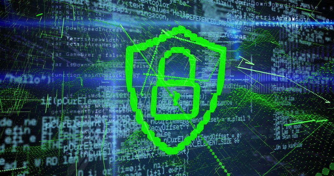 Digital Security Concept with Green Padlock and Data Overlay
