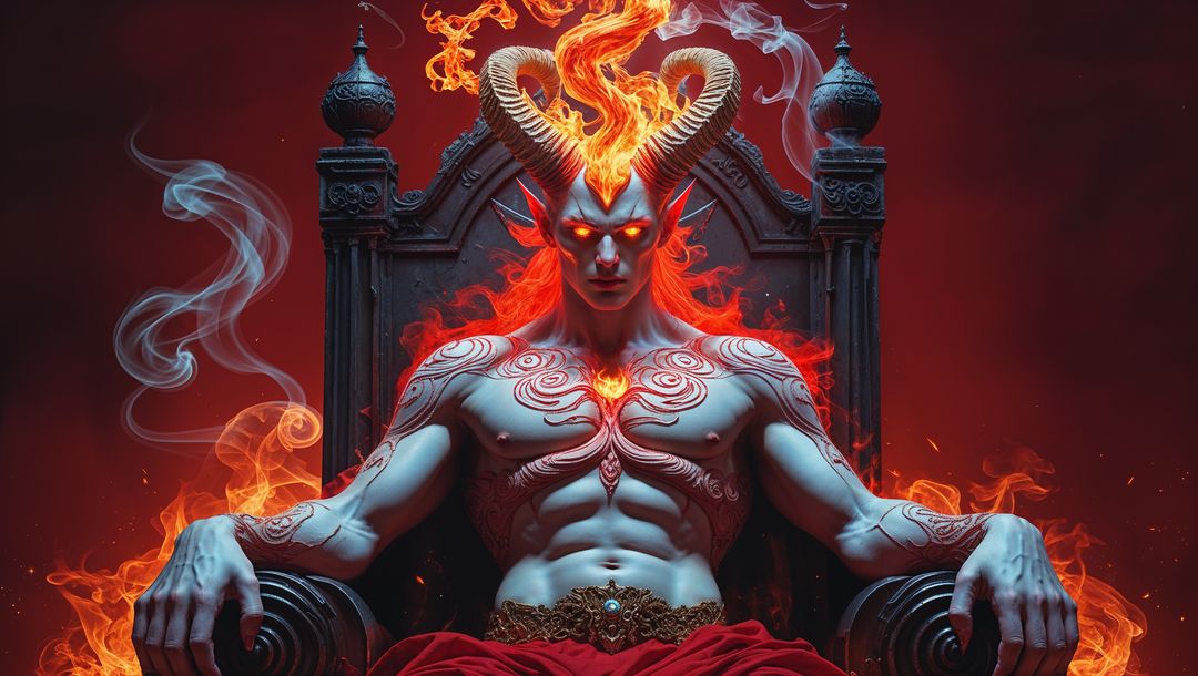 Majestic satan ruler on fiery gothic throne in hell