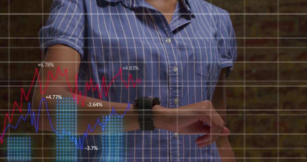 Businesswoman Analyzing Stock Market on Smartwatch with Digital Graph Overlay - Free Images, Stock Photos and Pictures on Pikwizard.com