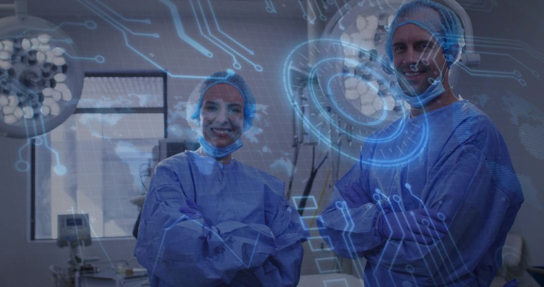 Surgeons standing and smiling with crossed arms in operating room with holographic HUD