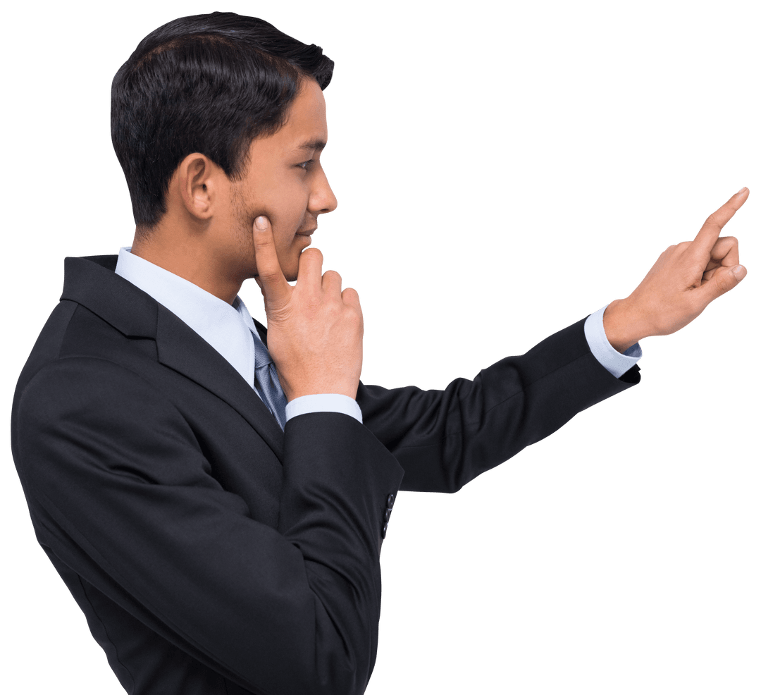 Thoughtful Businessman Pointing Gesture on Transparent Background