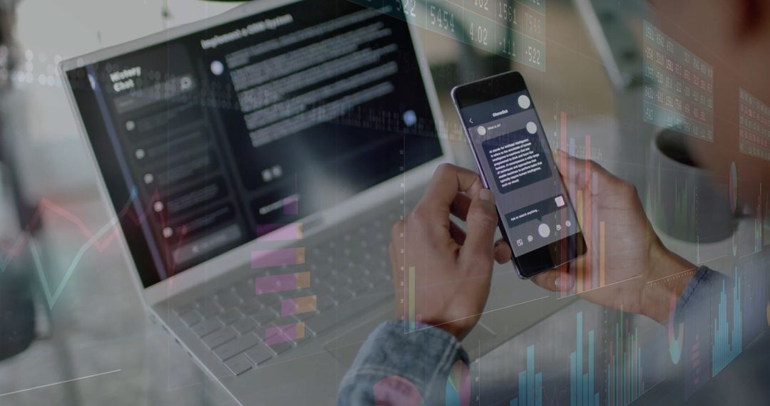 Businessman Analyzing Data on Smartphone and Laptop