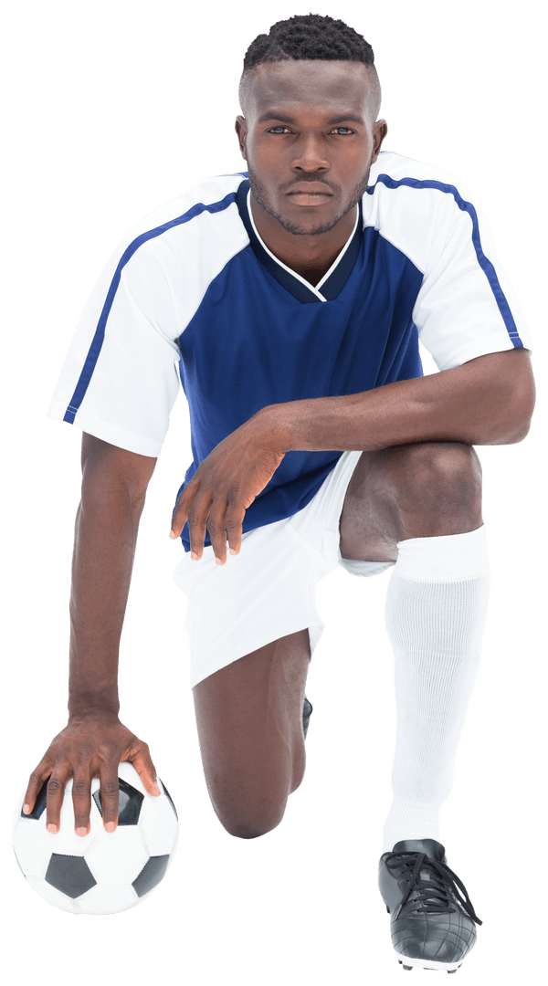 Kneeling Footballer Holding Soccer Ball on Transparent Background