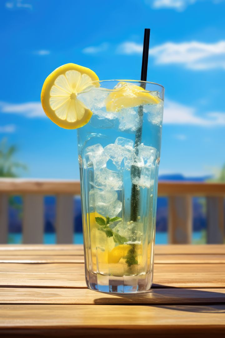 Refreshing Ice Lemonade in Tall Glass with Stunning Ocean View - Free Images, Stock Photos and Pictures on Pikwizard.com