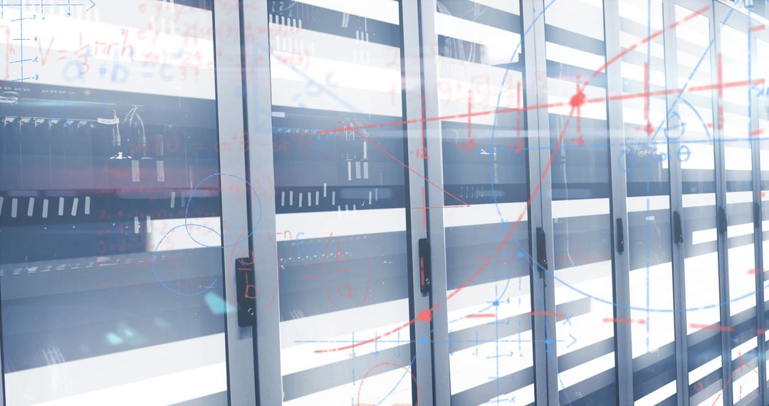 Digital Equations Overlay Server Room Highlighting Global Connection