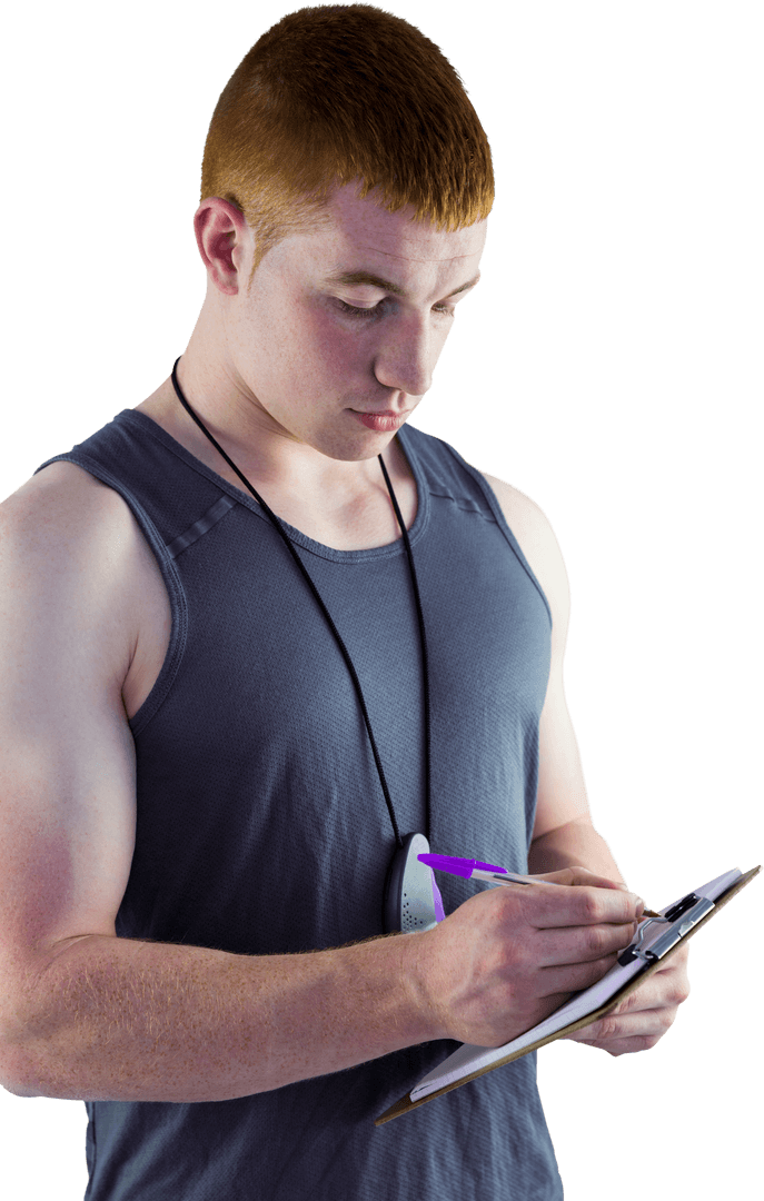Transparent Young Personal Trainer Writing on Clipboard