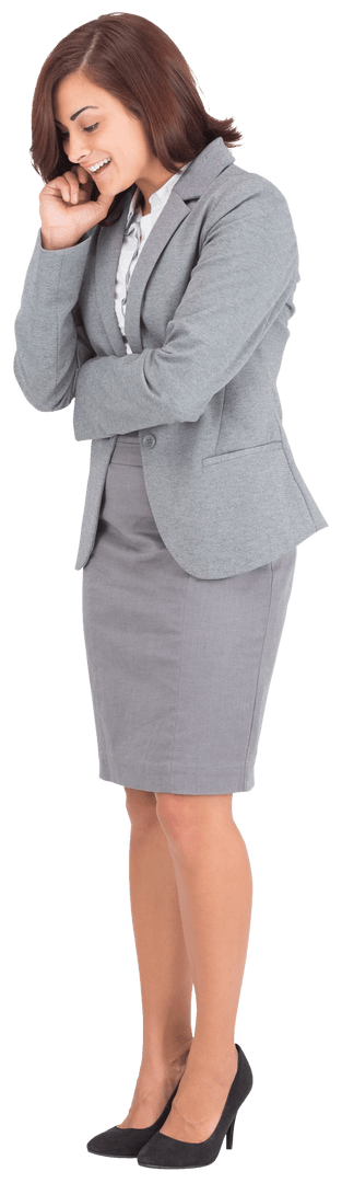 Smiling Caucasian Businesswoman Looking Down on Transparent Background