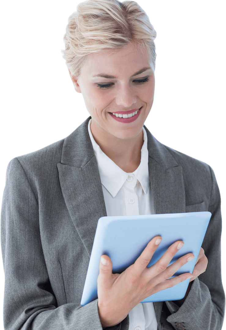 Smiling Businesswoman Holding Digital Tablet on Transparent Background