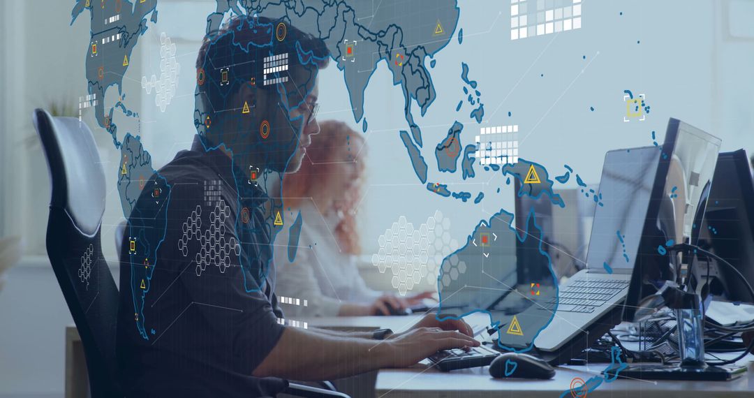 IT Analysts Monitoring Digital Alerts with Global Map Interface