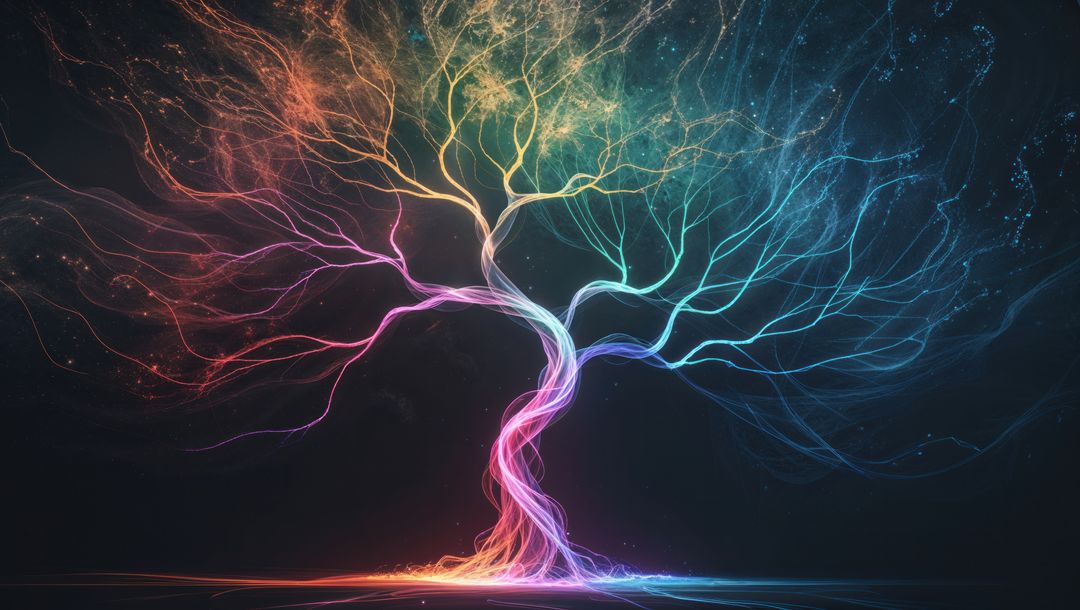Luminous abstract dreaming tree with vibrant digital light strands