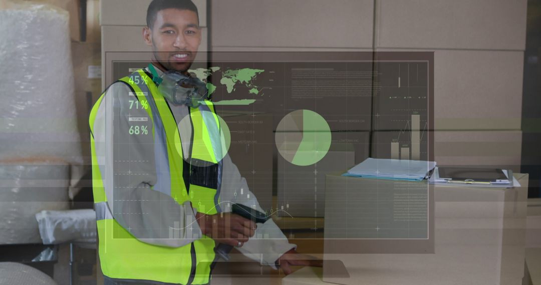 Logistics Worker Using Barcode Scanner with Data Overlay