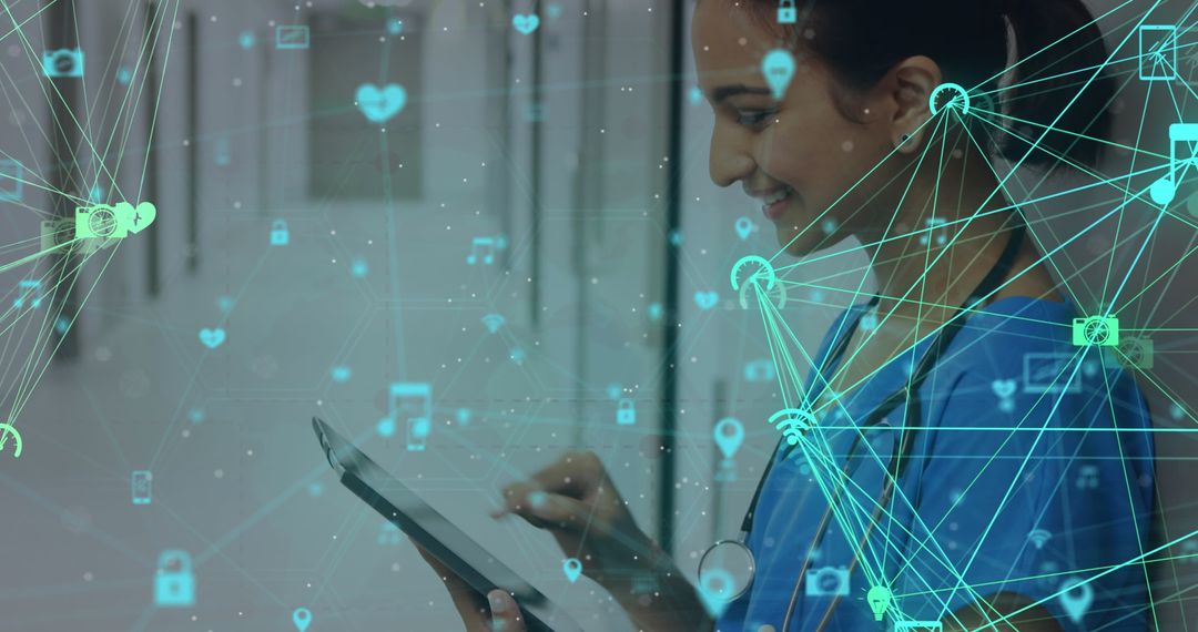 Smiling Female Doctor Using Tablet with Digital Connections Overlay