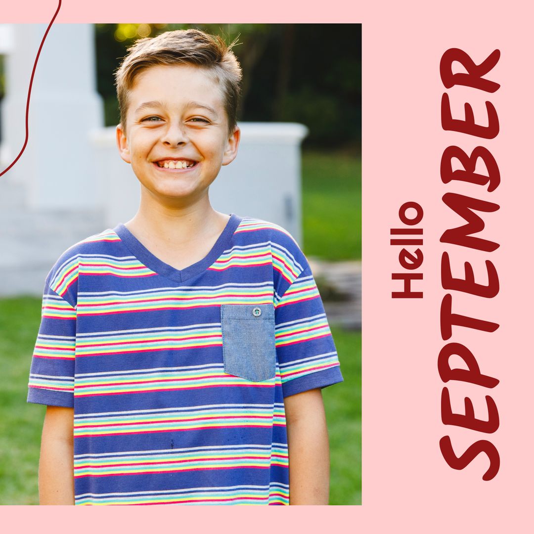 Smiling Boy Welcoming September in Vibrant Garden