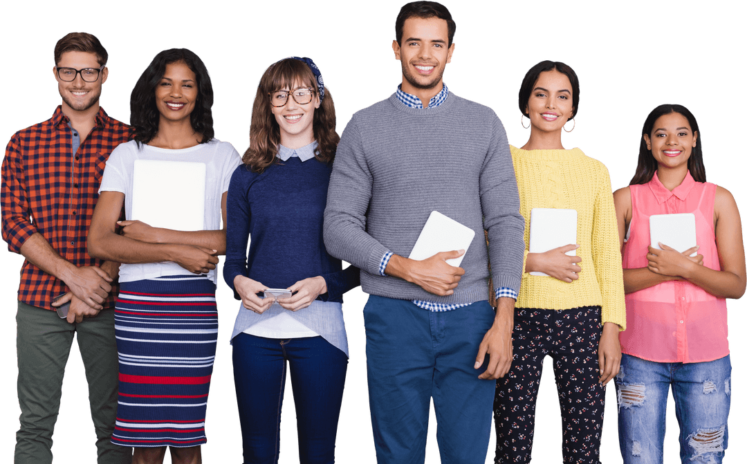 Diverse Group of Students with Gadgets Isolated on Transparent Background