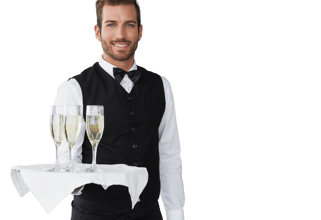 Smiling Waiter Holding Champagne on Transparent Background