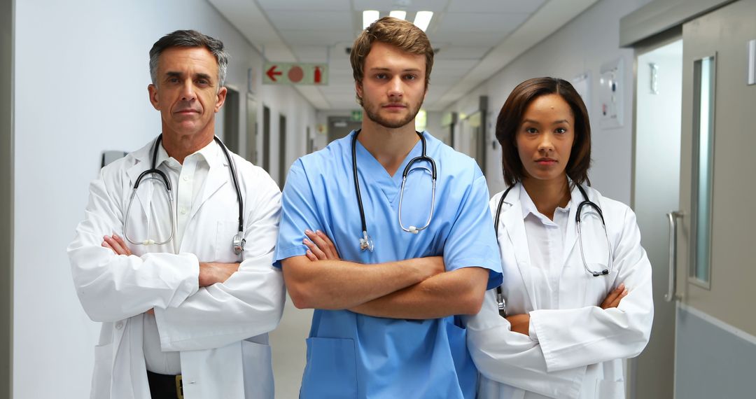 Diverse Medical Team Stands Confidently in Hospital Corridor - Free Images, Stock Photos and Pictures on Pikwizard.com